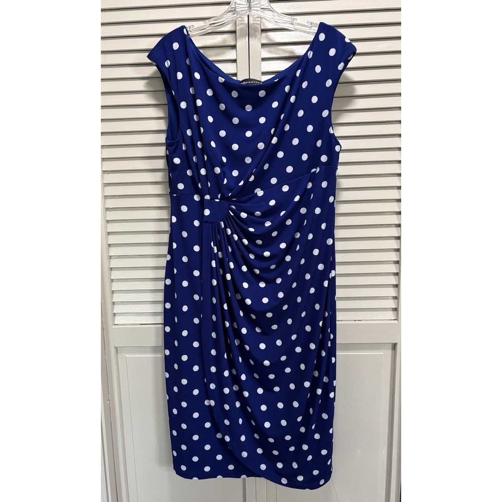 Connected Blue/White‎ Polka Dot Midi Dress Size 14 Straps Gathered Wrap Skirt